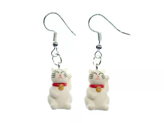 Gato de la Suerte Guiño Pendientes Miniblings Manineko Manga Blanco Goma 25mm