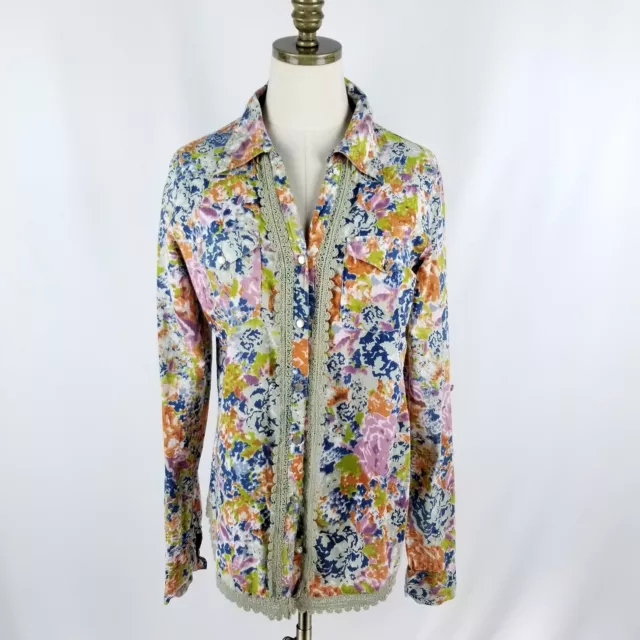 Bke Long Sleeve Shirt Womens Size L Multicolor Abstract Floral Crochet Accent