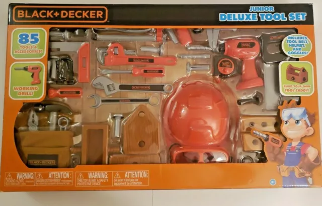 Black & Decker Junior Deluxe Tool Set 85 Tools & Accessories Working Drill NEW