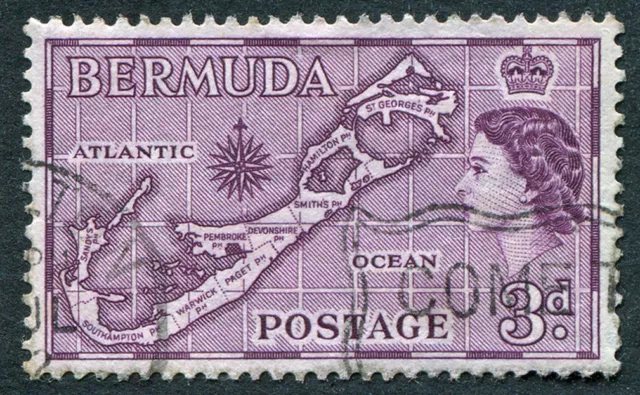 BERMUDA 1957 3d SG140a used NG Bermuda Map TYPE II SANDYS SLOGAN CANCEL #A05