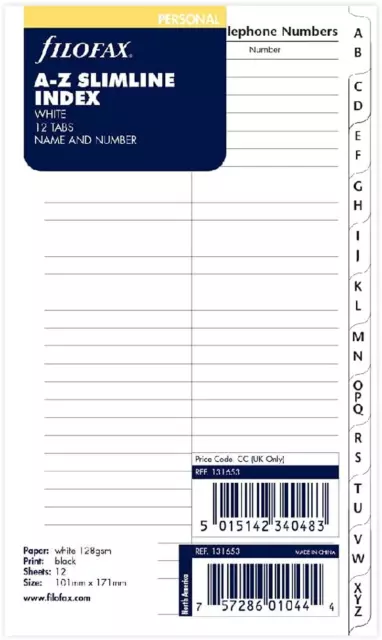 Personal Refill A-Z Slimline Index with 2 Latters per Tab, White
