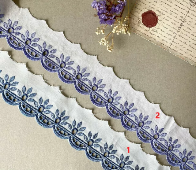 White Cotton Blue Embroidery Lace Trim 50 mm Sewing Edge Shabby Chic Decoration