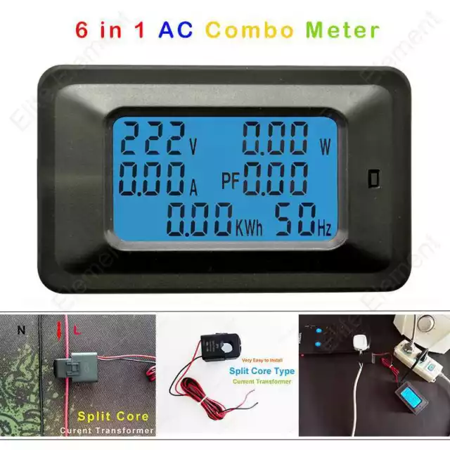 AC Multi Meter Voltmeter 220V Ammeter 100A Split Core Current Transformer 6in1