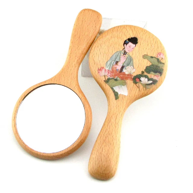 1 pieza 18X9CM Espejo de Maquillaje de Madera Retro Portátil Salón de Belleza Espejo de Mano