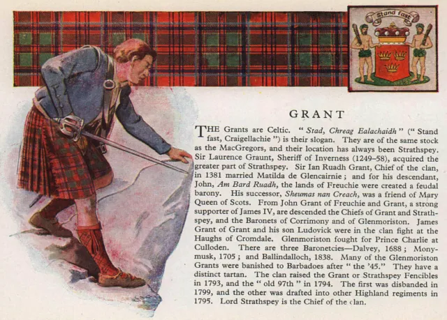 Grant. Scotland Scottish clans tartans arms 1957 old vintage print picture