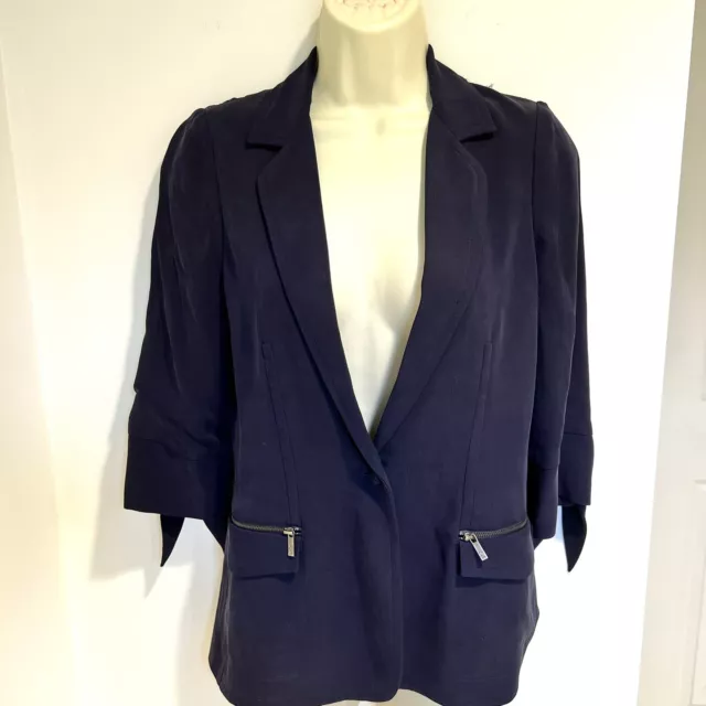 Zac Posen Blazer Jacket Womens 0 Silk Blend Navy Blue Stitched 1 Button Collar