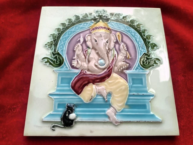 1 Piece Old Art God Ganesh Ji Design Embossed Majolica Ceramic Tiles Japan 0335 4