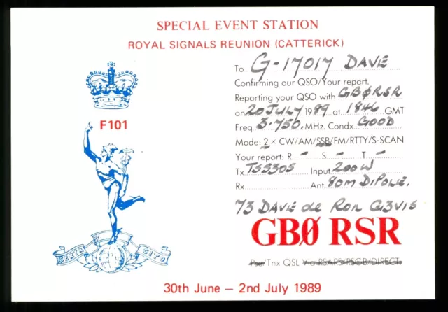 1 x QSL Card Radio UK RSARS F101 GB0RSR 07/1989 Catterick ≠ T767
