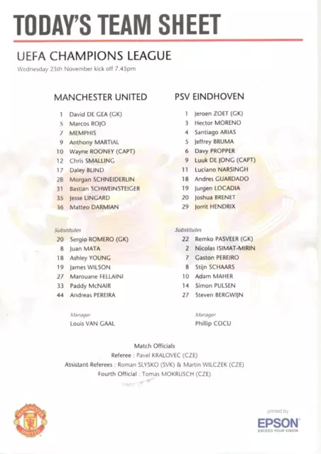 Team Sheet - Manchester United v PSV Eindhoven 25.11.2015 Champions League