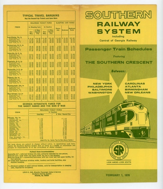 1970 SYSTEM SOUTHERN Timetable Railway Railroad Passenger Schedule Feb