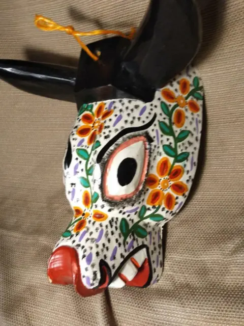 Art Vintage Carved Wood Carving Man Animal Wooden Painted Tribal Mask Face Horns