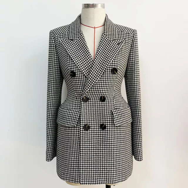 Donna Design Ispirato Nero Misto Lana Pied De Poule Aderente Giacca Cappotto