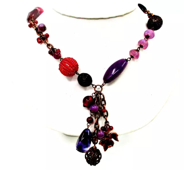 Vintage Signed Robert Rose Lucite & Filigree Art Beads Dangle Pendant Necklace