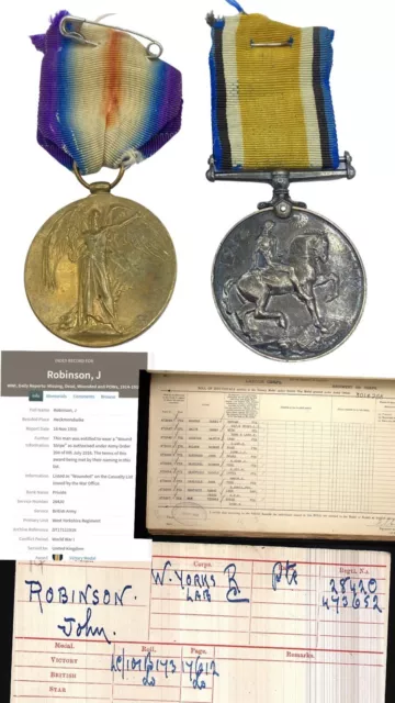 WW1 British Medal Duo To Wounded John Robinson West Yorkshire Regiment