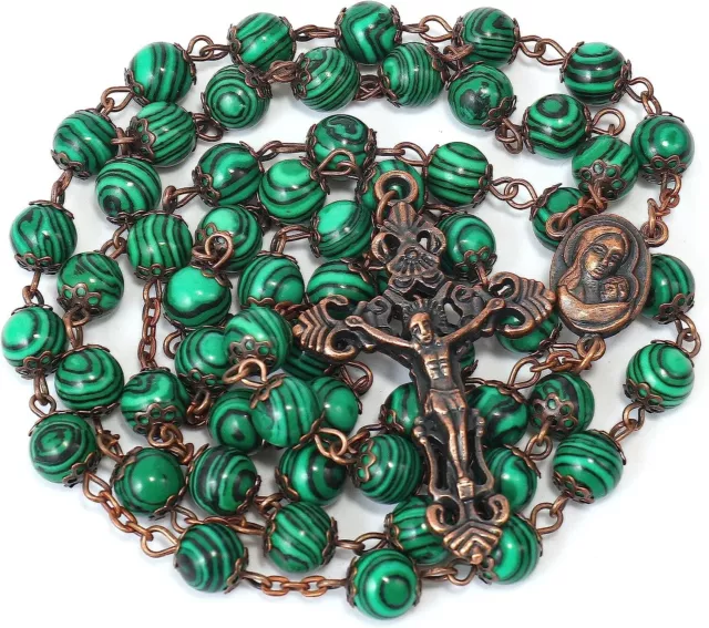 Malachite Natural Stone Rosary Beads Necklace Holy Soil & Cross Crucifix