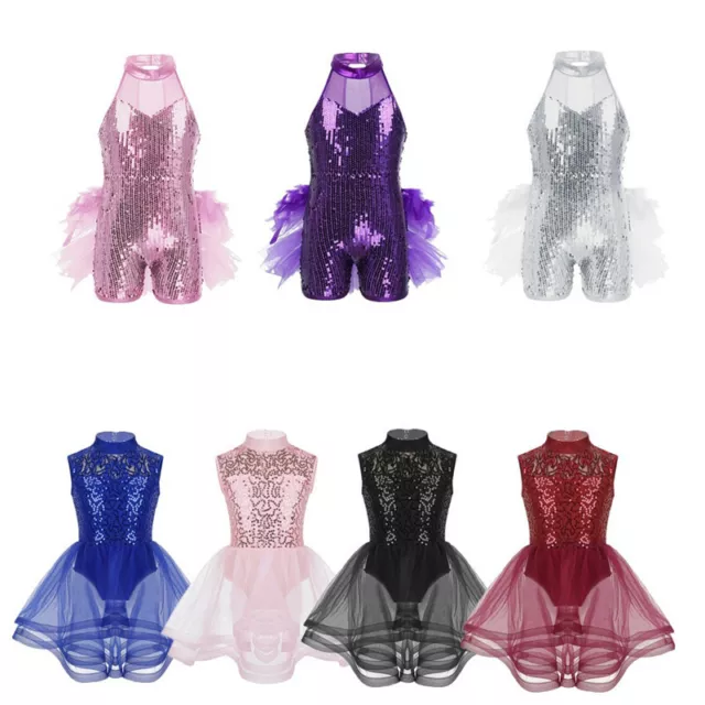 Kid Girls Sparkly Jazz Ballet Dance Leotard Jumpsuit Ruffled Performance Costume