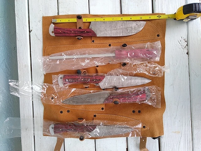Custom Handmade HAND FORGED DAMASCUS STEEL  Set Kitchen Knives Leather Case New