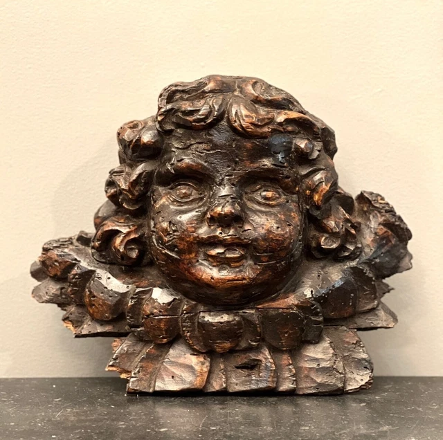 Antique French Louis XIII Style Carved Wood Cherub Head Late 18th Century Rare