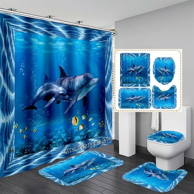 Aquarium Dolphins Shower Curtain Non-Slip Bathroom Rug Mat Set Toilet Lid Cover