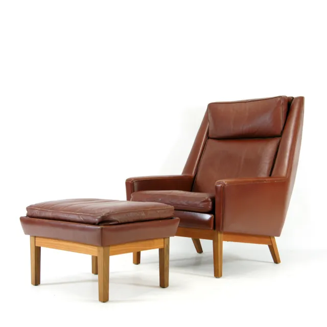 Retro Vintage Danish Leather Teak Chair Lounge Armchair + Stool Mid Century 70s