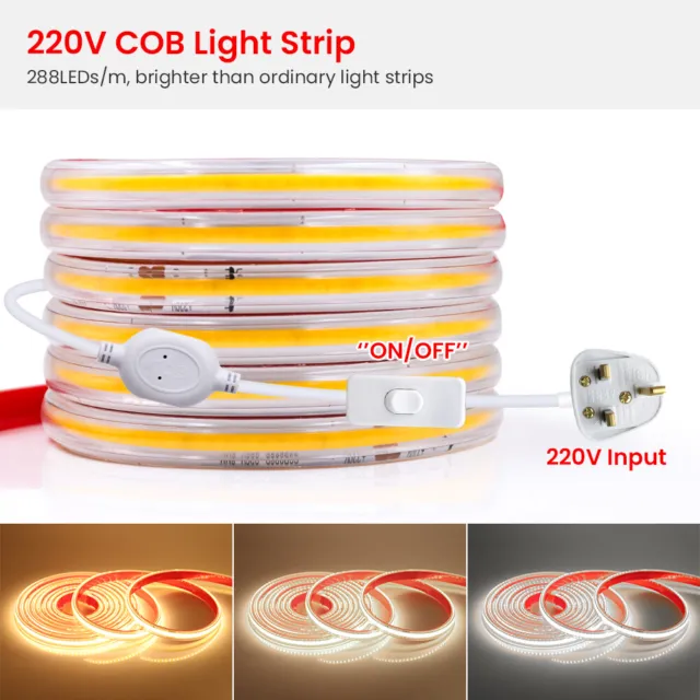 Tira de luces LED COB de alta densidad 220V IP67 cuerda de doble cinta lateral autoadhesiva