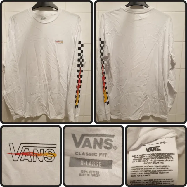 T-shirt da uomo XL Vans maniche lunghe bianca scacchiera fiamma manica - Hotrod