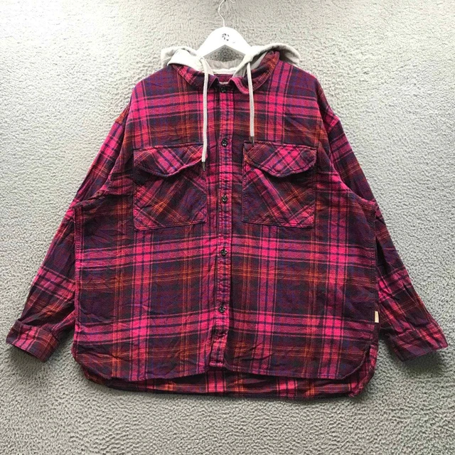 Urban Outfitters Flannel Hooded Button Up Shirt Men's Large L Plaid Pink Maroon