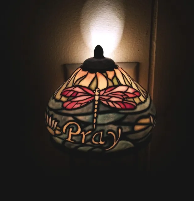 Dragonfly Pray Night Light Russ Berrie Ceramic Faux Stained Glass Lamp Shade