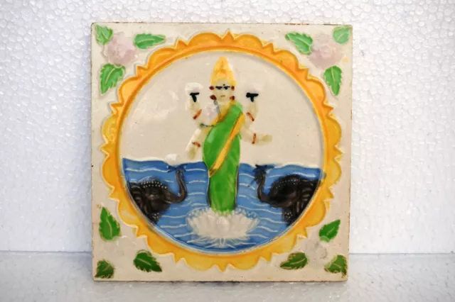 Antique Sarasvati Ravi Varma Tile Art Nouveau Majolica Ceramic Porcelain India"I