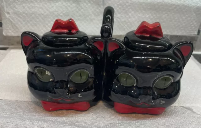 Shafford Japan redware Black Cat condiments, 2 heads-green eyes, spoons broken