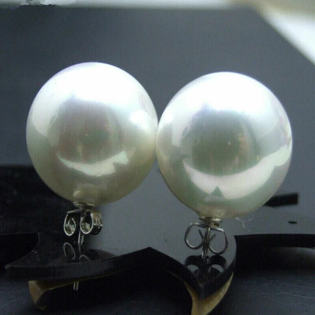Fashion 16mm White Round Sea Shell Pearl 925 Silver Earrings Aquaculture