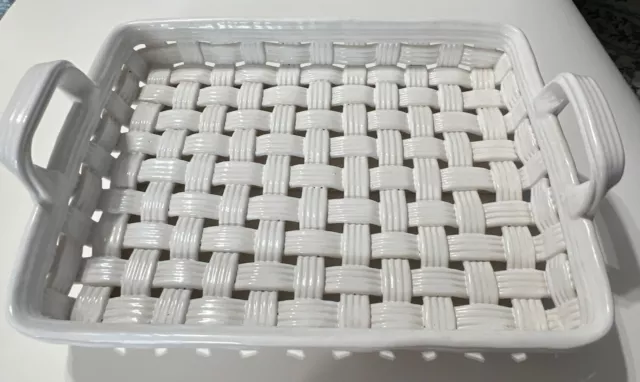 White Ceramic Rectangle Pottery Basket Woven Lattice with Handles