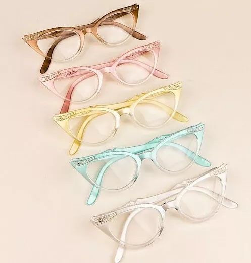 Pastel Pearl Ombre Gold Clear Crystals PinUp Retro Cat Eye Eyeglasses Frames SM 3