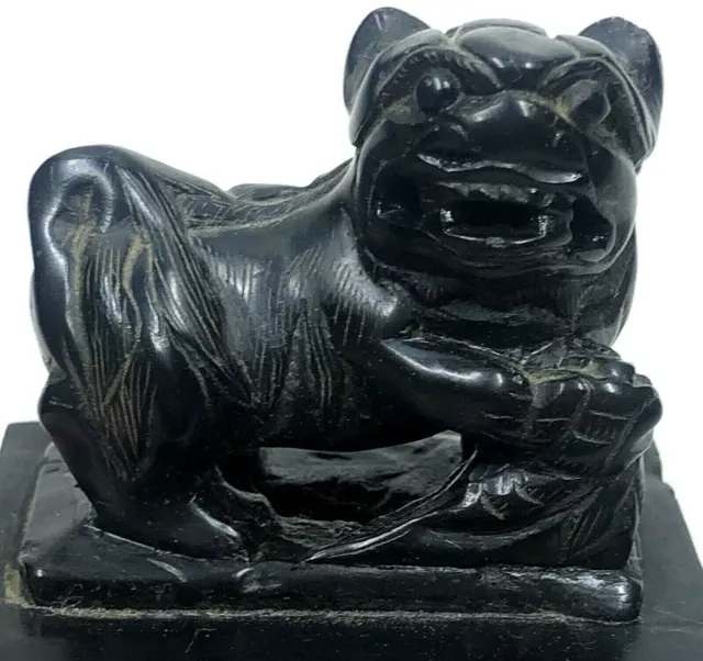 Vintage Black Stone Chinese Foo Dog Or Dragon Figurine Hand Carved 3”