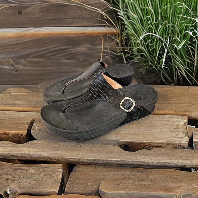 FitFlop The Skinny 350-001 Women's Black Leather Slip-On Flip-Flop Sandals Sz 8