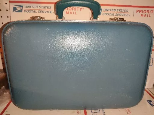 Vintage Blue Hard Case Carry On Travel Luggage Suitcase Mid Century