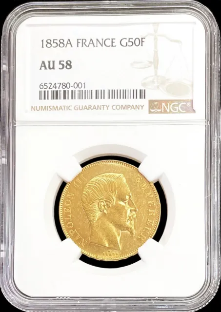1858 A Gold France 50 Francs Napoleon Iii Coin Paris Mint Ngc About Unc 58
