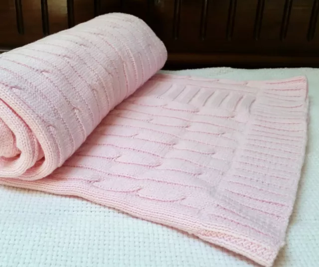 BNWT Rochdale Boutique 100% Pure Cotton Cable Knit Baby Blanket - Shawl Pink