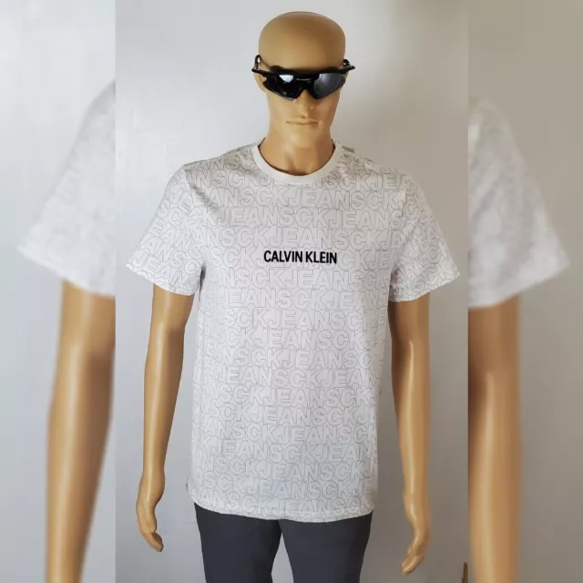 Nwt Calvin Klein Men Short Sleeve Crew Nec Tshirt Allover Ckj Logo Print B.white