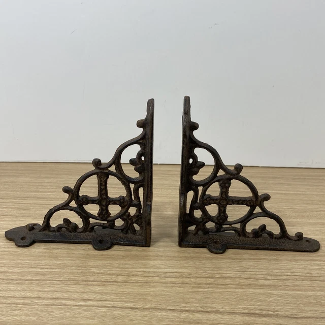 Vintage Cast Iron Wall Shelf  Support Brackets Scaffold Cross MCM 6x6” Set (2)
