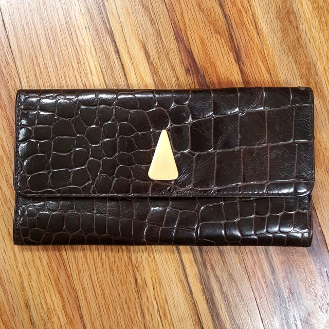 SHARIF Brown Leather Croc Alligator Embossed Fold Over Long Wallet AMERICANA