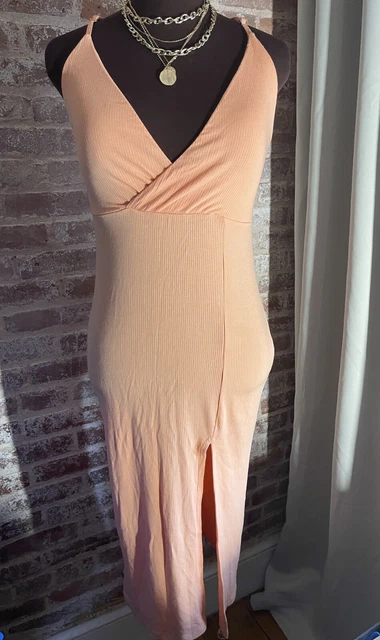 New! Revamped Women’s Orange Ribbed Knit Strappy Sleeve Casual Midi Dress Small