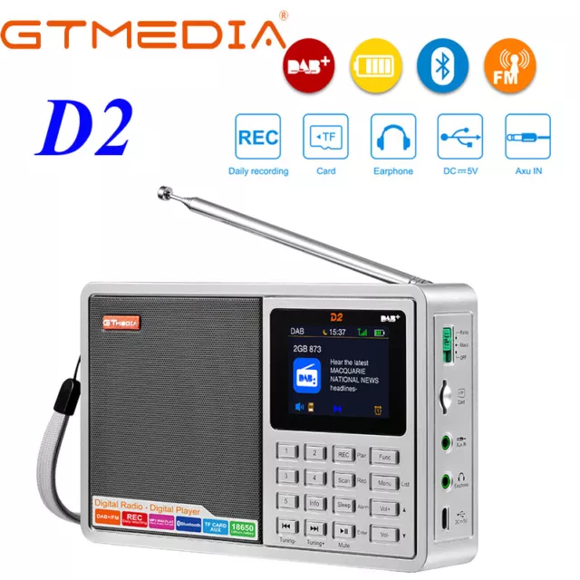 GTMEDA 2.4" LCD Portable DAB/DAB+ FM Radio Bluetooth TF REC AUX USB Alarm Clock