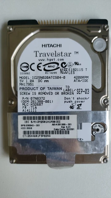 Disque Dur Interne Hitachi Travelstar IDE 2.5" 20 Go 4200 RPM - Pour Vieux PC Portable Ou Projet DIY