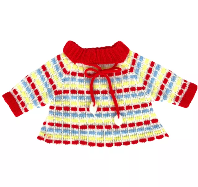 Acrylic Infant Baby Sweater 0-3 mos Red Stripe Knit Bow Vintage 60s 70s Korea