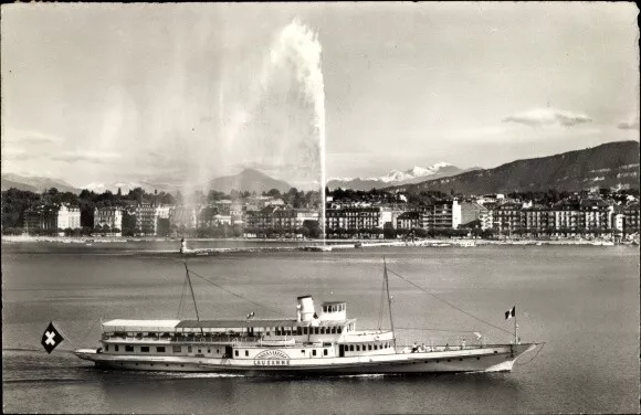 Ak Genève Genf Schweiz, Le jet d'eau et le Mont Blanc, Salondampfer - 3823495