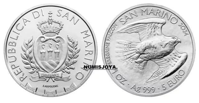 SAN MARINO 5 EUROS 2024 ONZA PLATA Ley 999/1000. Peso 31,10 gr. HALCON PEREGRINO