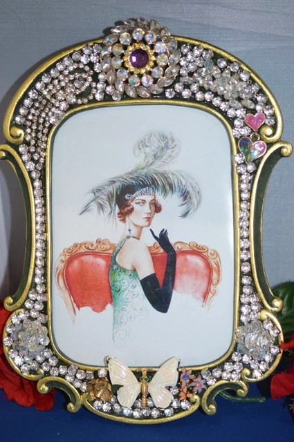 Vintage Jewelry Art Decorated Picture Frame Rhinestone Embellished 5X7 Photo