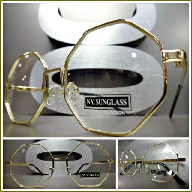 New CLASSIC VINTAGE RETRO Style Clear Lens EYE GLASSES Unique Gold Octagon Frame