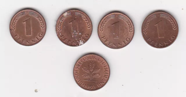 1 Pfennig BRD-Kursmünze 1950 komplett DFGJ